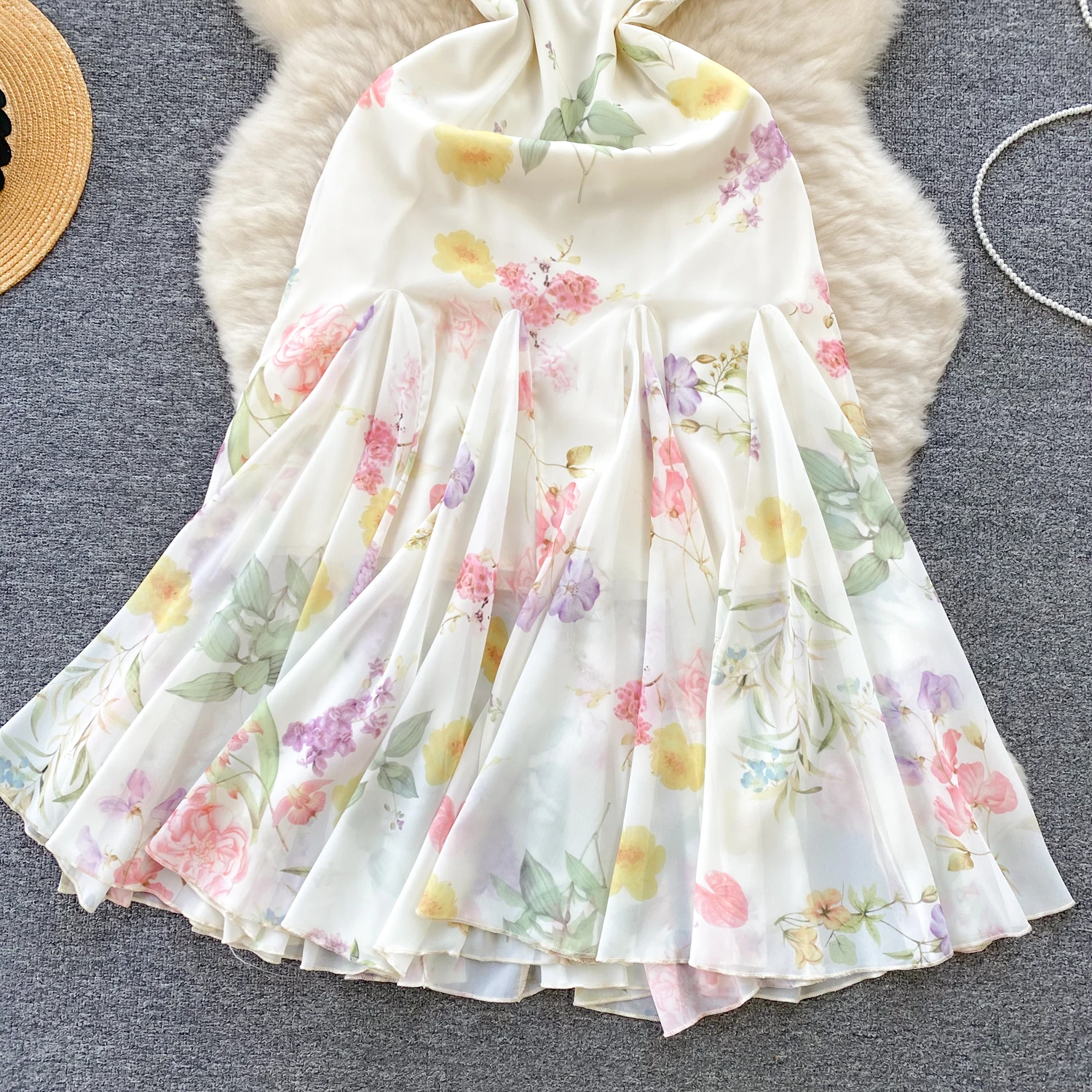 French Elegant Beach Dress New Women Sexy Floral Printed Slim Mid Length Ruffled Party Dresses Ladies Summer Long Robe