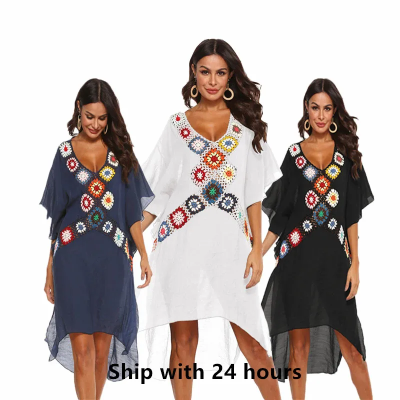 Women Beach Dress Tunic Cover Up Knitted White Outfits Beachwear Ups Pareo Bikini Coverup Dresses for Cover-Ups Summer Cape 2025