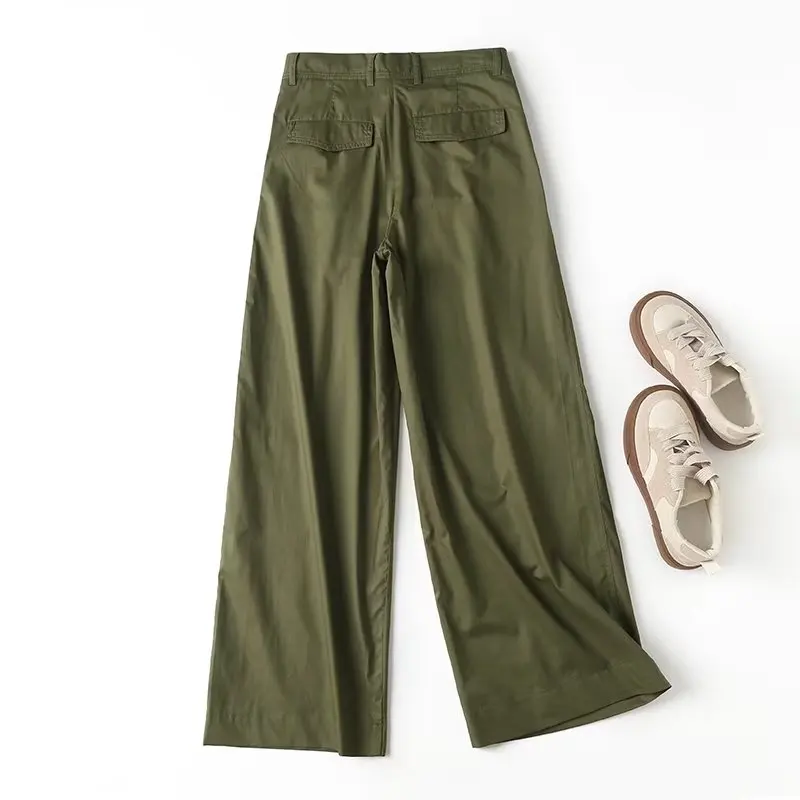 Jenny&Dave Fashion Pure Cotton Army Green Wide Leg Pants Women High Waist Bottom Ladies Casual Trousers