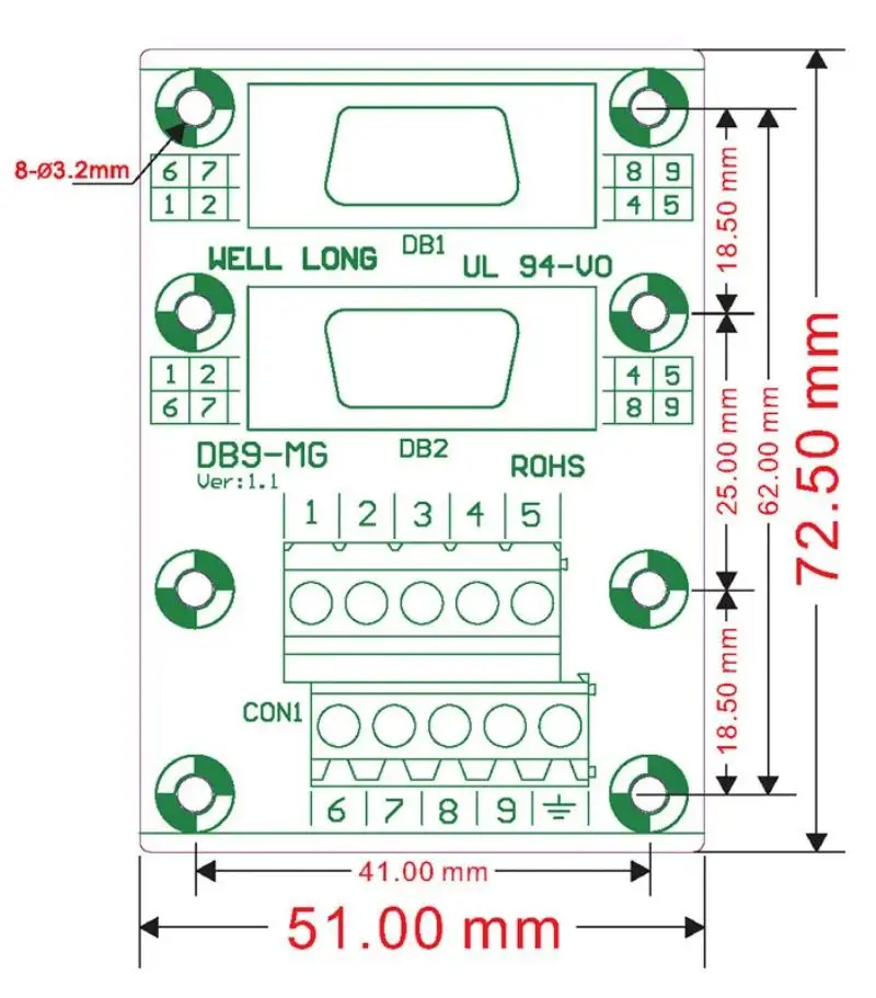 D-SUB DB9 Schnittstellenmodul für DIN-Schienenmontage, Stecker/Buchse, Header-Breakout-Board, Klemmenblock, Stecker. – Detail 2