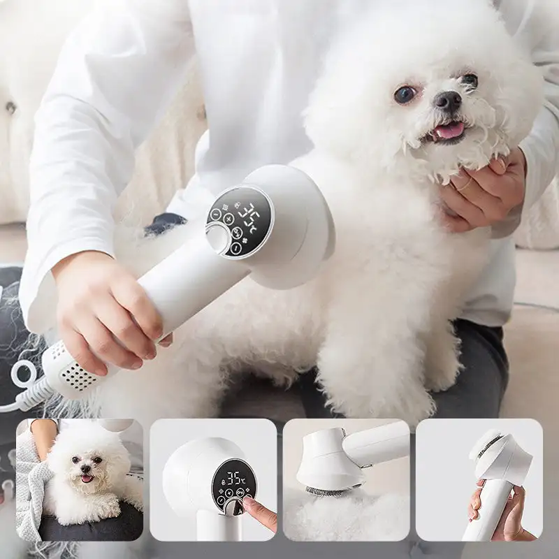 Pet Hair Dryer Smart Dog Hair Dryer 2 in 1 Pet Cat Hair Blowing Combing Negative Oxygen Ion Low Noise LED Touch Control Temperature Display