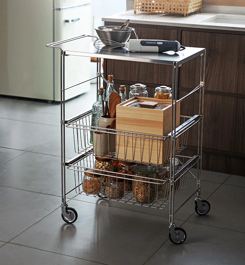 

Stainless Steel 201 3- Layer Kitchen Trolley Rolling Storage Cart Serving Trolley with Handle Bathroom Shelf