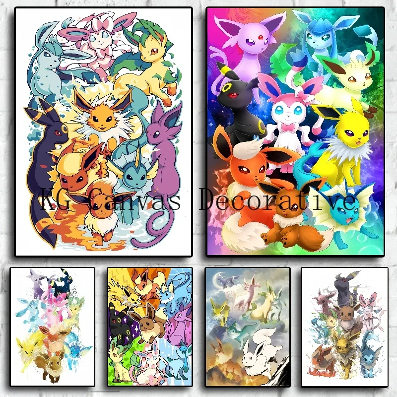 Giapponese Pokemon Anime Figure Eevee Vintage Canvas Painting Room Painting Poster Bedroom Decor Decoration Art Wall Stickers