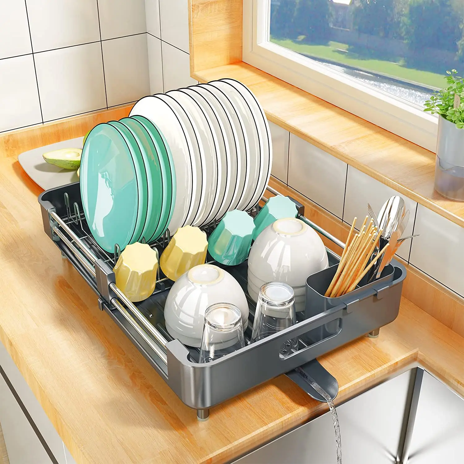 食器乾燥ラック、キッチン皿水切りラック拡張可能なステンレス鋼シンクオーガナイザー皿ラックとドラインボードキッチンオーガナイザー