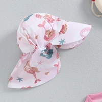 Baby Girl's Bathing Suit Set, Sea Shell Print Long Sleeve Rash Guard Swimsuit Wide Brim Sun Hat Infant Toddler Beachwear 3M-3T 6