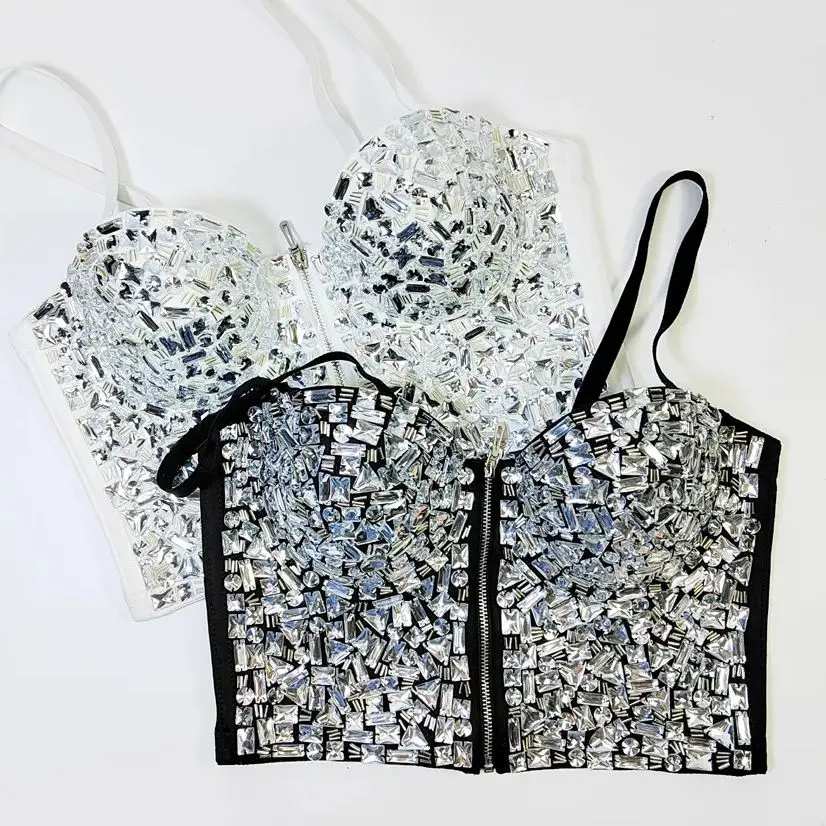 

Beaded Diamonds Bustier Bra Women Sexy Nightclub Party tank tops Zipper Cropped Top Camisole Fashion Female Clothes Y4848