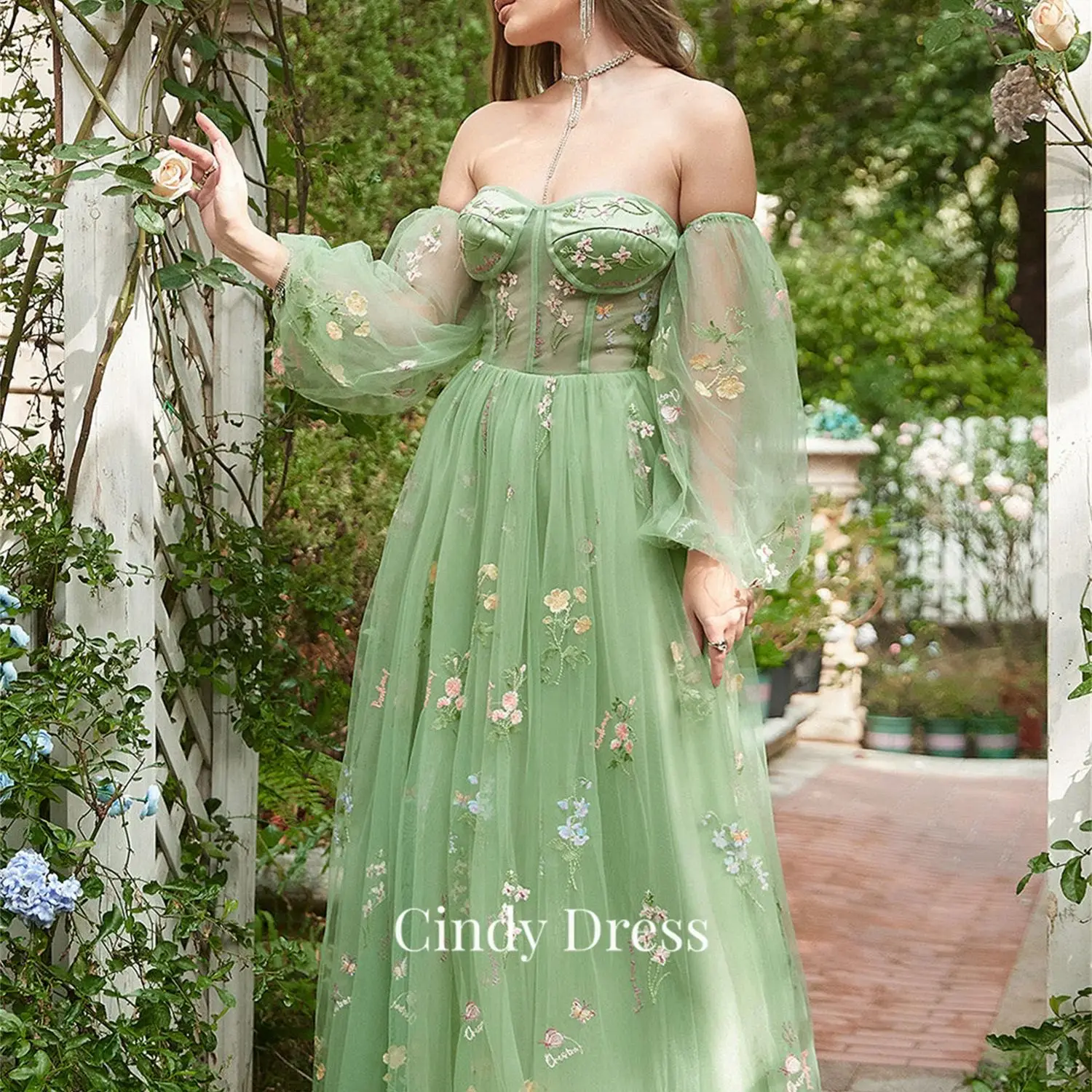 

Cindy Sweetheart Custom Made Embroidery Grass Green Removable Puff Sleeves Evening Dresses Woman Elegant Party Dress 2024 Women