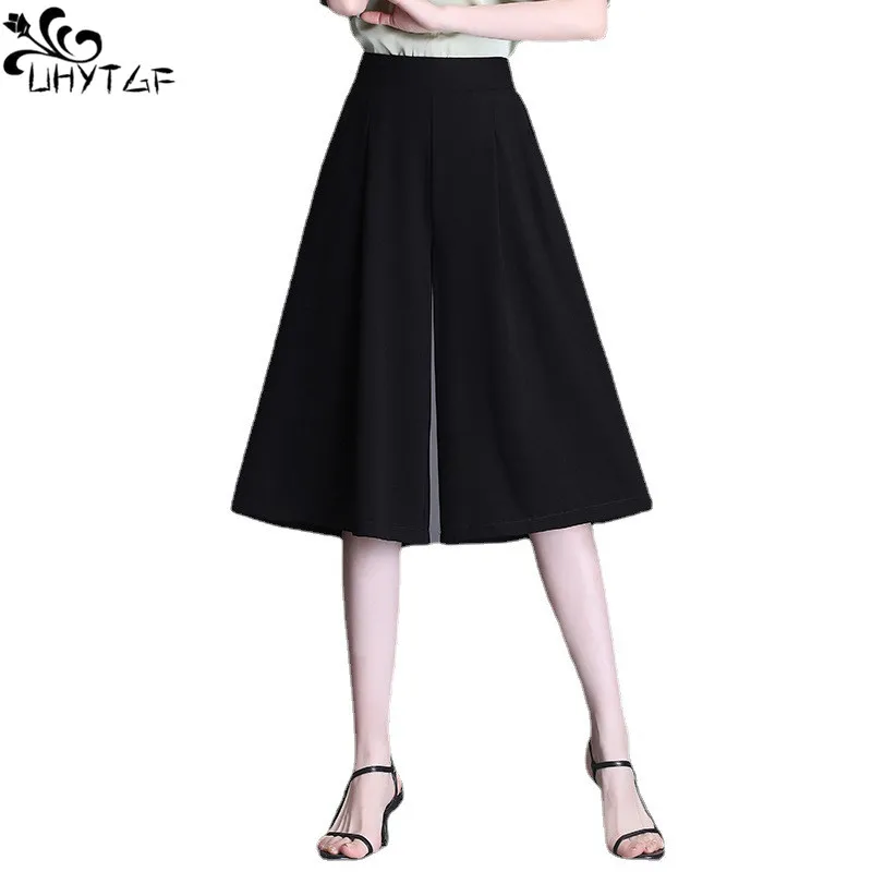 

UHYTGF Chiffon Seven Points Trouser Skirt Women's 2023 Summer New Thin Model Large Size High Waist Wide Leg Ladies Culottes 345