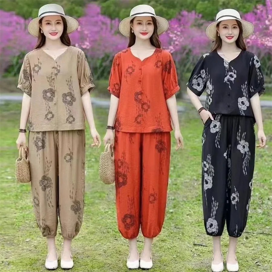 

2 Piece Sets Women Summer Casual Pants Suits New Arrival 2023 Vintage Style Loose Female T-shirts And Ankle-length Pants