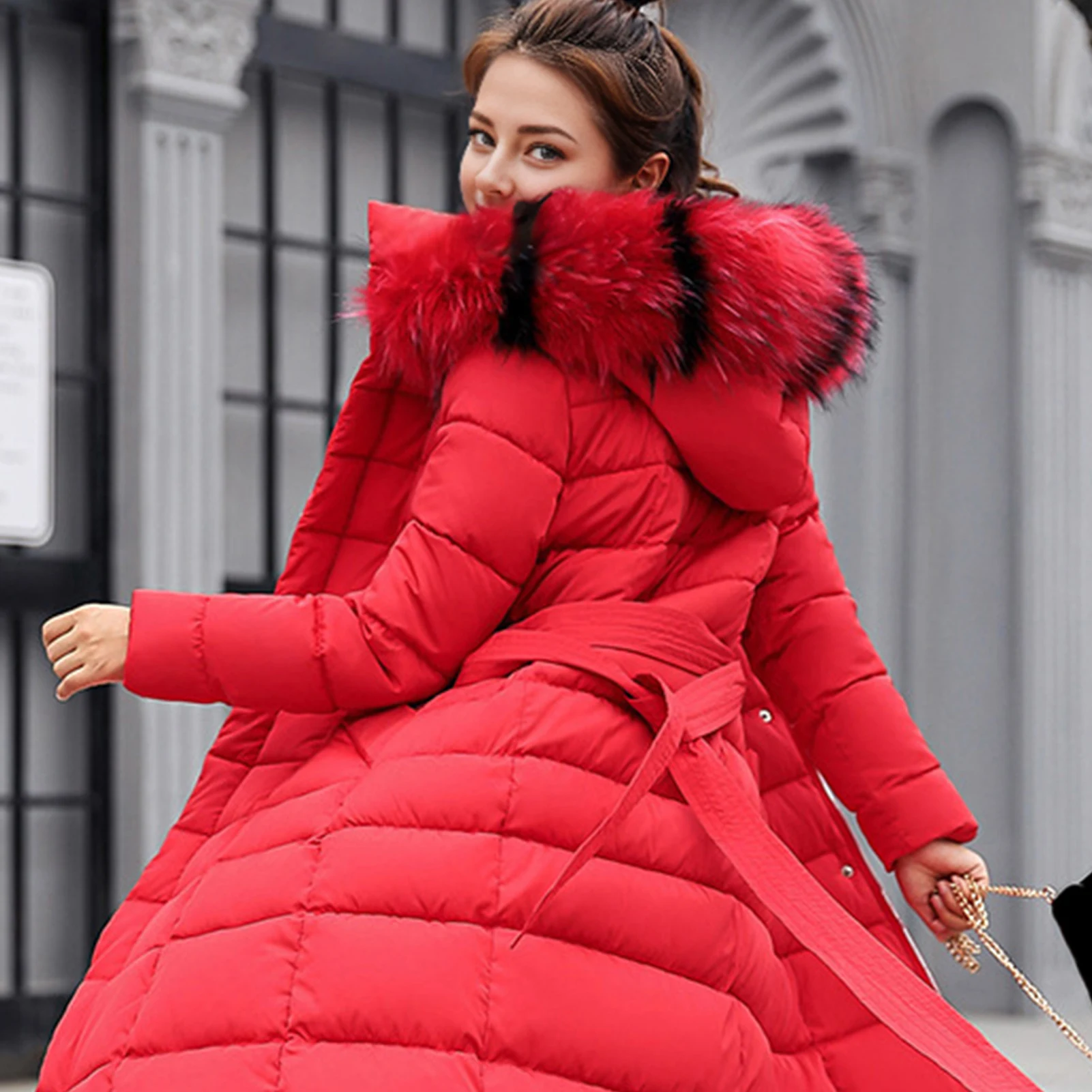 Winter Women Long Parkas Solid Colo Neck Hooded Cotton Jacket Pockets Windproof Zipper Closure Padded Outwear