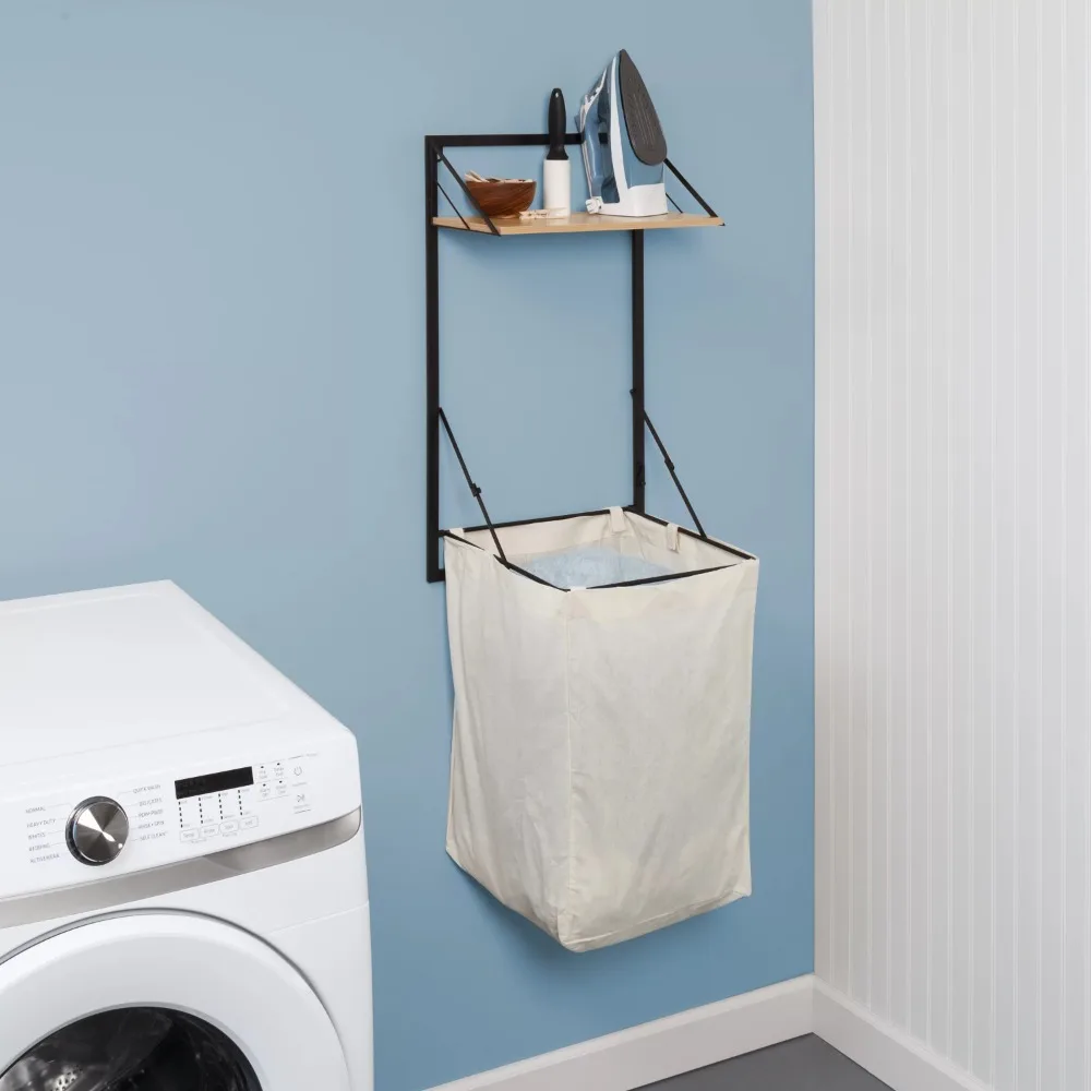 Steel Over-the-Door or Wall Mount Folding Clothes Hamper with Shelf, Black/Maple
