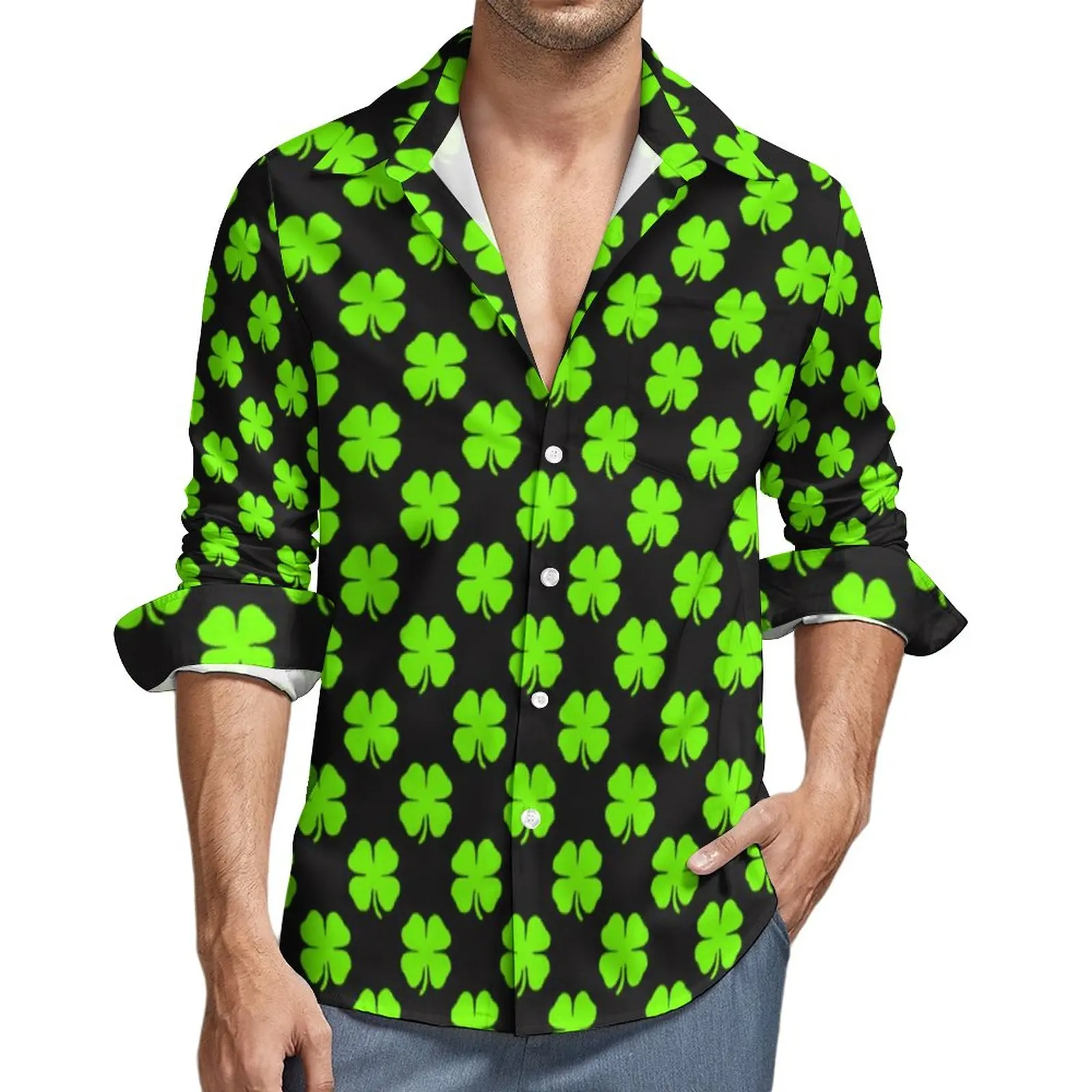 

Shamrock Pattern Shirt Autumn Saint Patrick's Day Casual Shirts Man Trending Blouses Long Sleeve Pattern Funny Top Plus Size 4XL