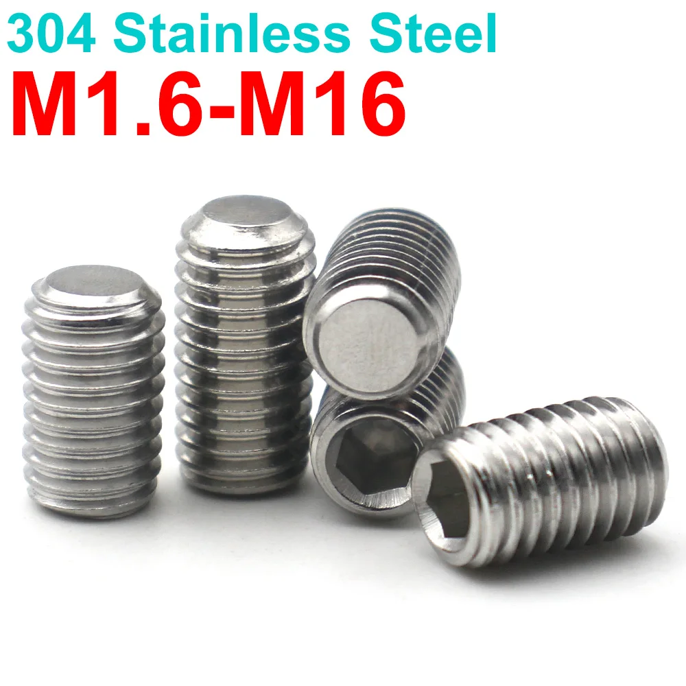 Stainless steel screws 2-10pcs M1.6 M2 M3 M4 M5 M6 M8 M10 304 Stainless Steel Hex Socket Set Screw Cup Point DIN916 Headless Hexagon Socket Grub Screws