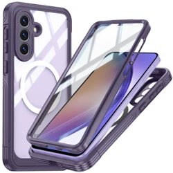 Enhanced Waterproof Magnetic Clear Bumper Case with Glass Screen Protector - Samsung A37 (PURPLE)
