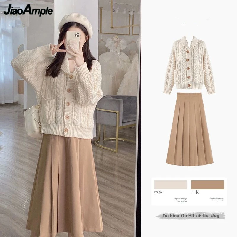 Autumn Women Graceful Button Sweater Cardigan Skirts Two Piece Set Korean Lady Knit Jackets Midi Skirt Outfits 2023 New Knitwear