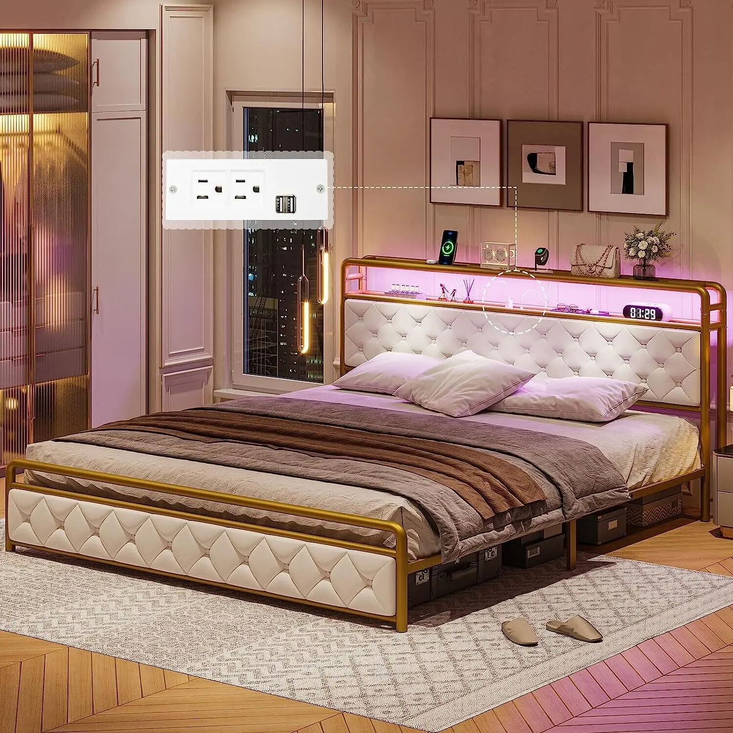 King headboard with outlet lights and usb