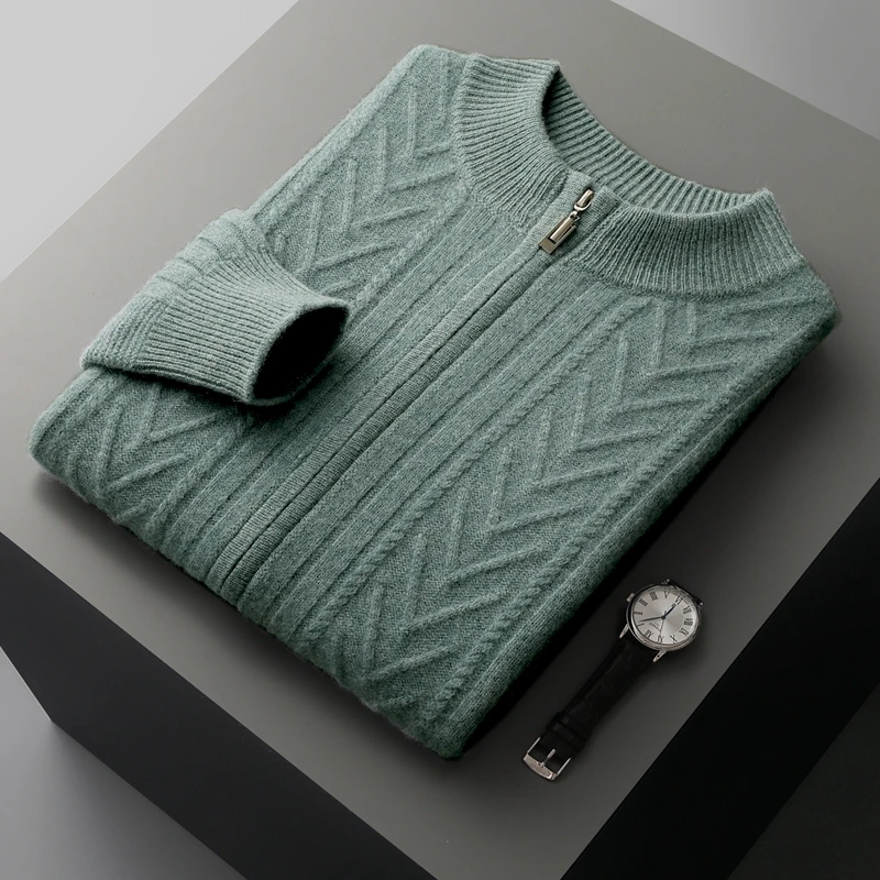 autumn and winter New merino wool cardigan men's semi-high-necked diamond-shaped thick jacquard knitted jacket