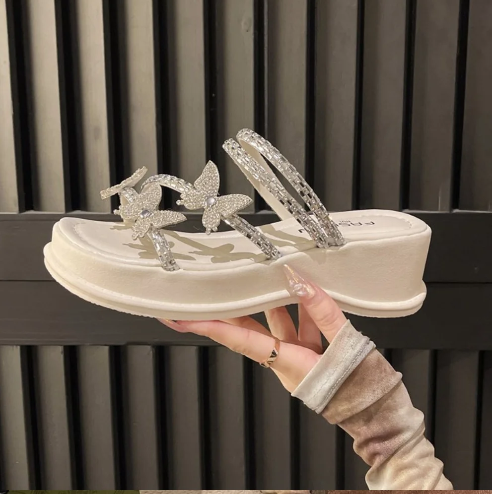 Women's Wedge Slippers Summer Bow Rhinestones Women Shoes for Women Dress Holiday Beach Slides Fashion Casual Platform Sandal ﻿