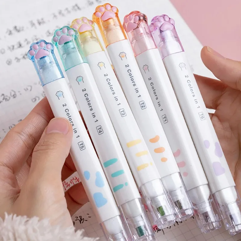Highlighter Marker Art Marker Marker Pen 6pcs Kawaii Cat Claw Highlighters Double Head 12 Color Fluorescent Art Markers Korean Stationery Cute School Office Supplies