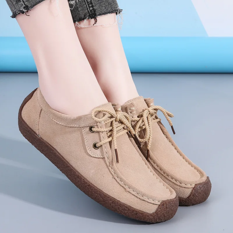 Lightweight non-slip cow suede Spring and autumn large size flat single shoes beef tendon sole mother shoes D007