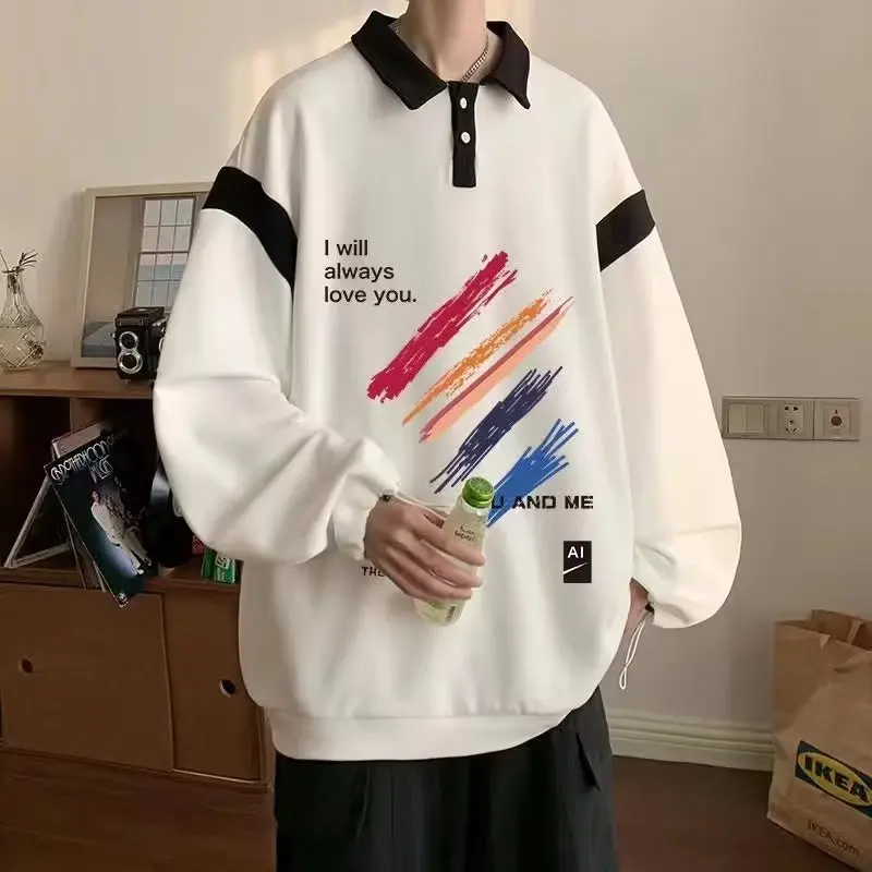 Spring Autumn Y2K Sweatshirts Man Harajuku Turn-down Collar Pullover Tops Oversized Chic Streetwear Male Clothes