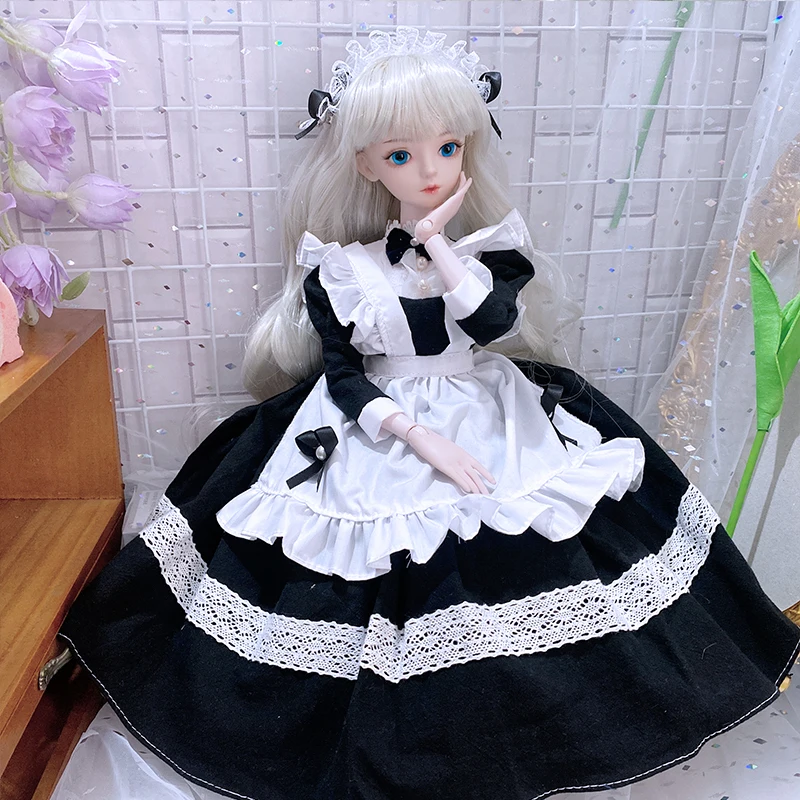 귀여운 메이드 드레스 BJD 인형, 흑백 1/3 1/4, 1/6 인형 액세서리, 어린이 장난감, 60cm