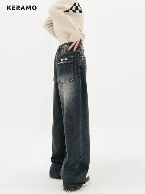 Jean taille haute pour femme, Streetwear Harajuku, mode rétro, ample, jambes larges, droit, pantalon en Denim, Baggy Y2K, automne 4