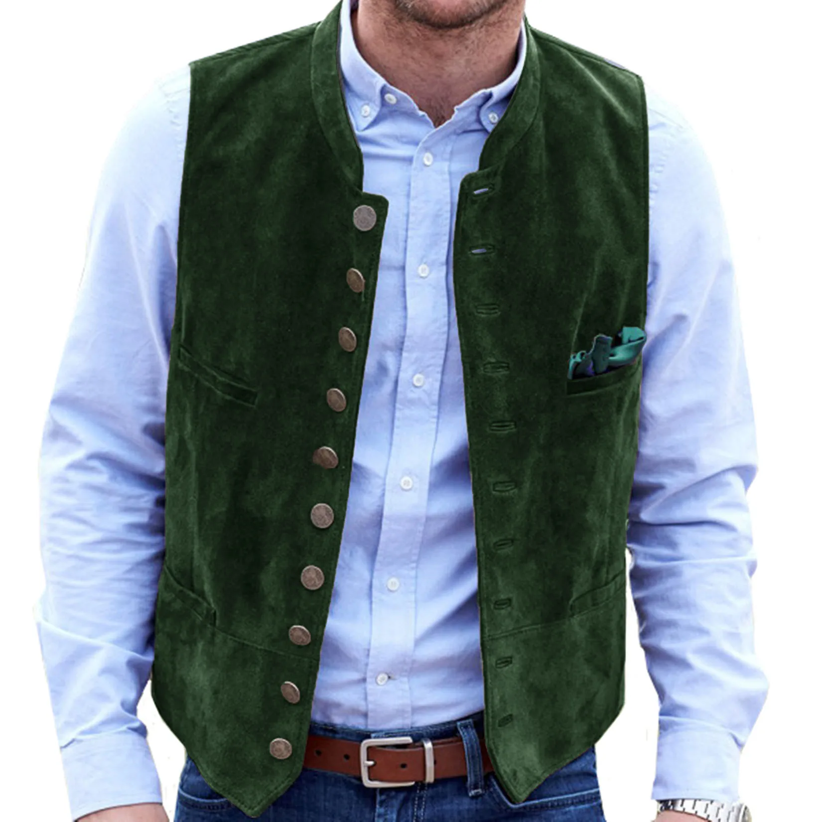 Men Brown Frosted Velvet Vest Daily Casual Style Waistcoat Round Neck Single Breasted Sleeveless Male Jacket