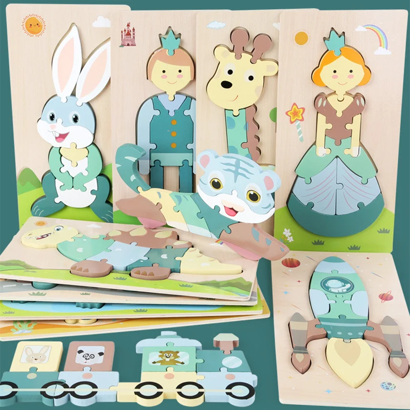 

New Children Wooden Three-dimensional Puzzle Board 3D Cartoon Animal Intelligence Jigsaw Matching Montessori Educational Toys