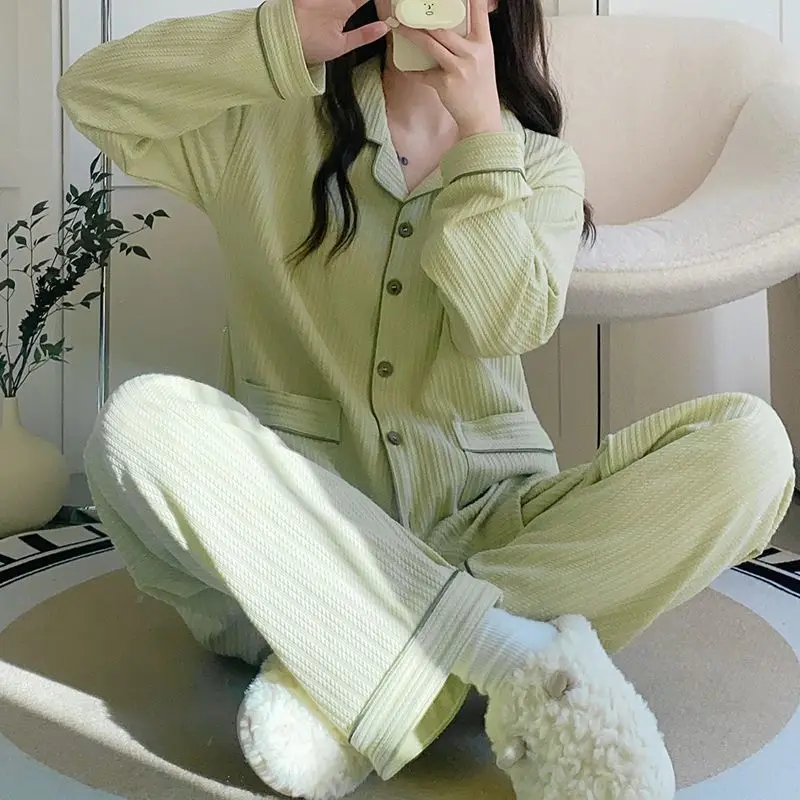 Simple Long Sleeve Pajamas Set 2024 Spring Autumn Women High-Grade Pure Cotton Striped Homewear Suit Casual Large Size Sleepwear