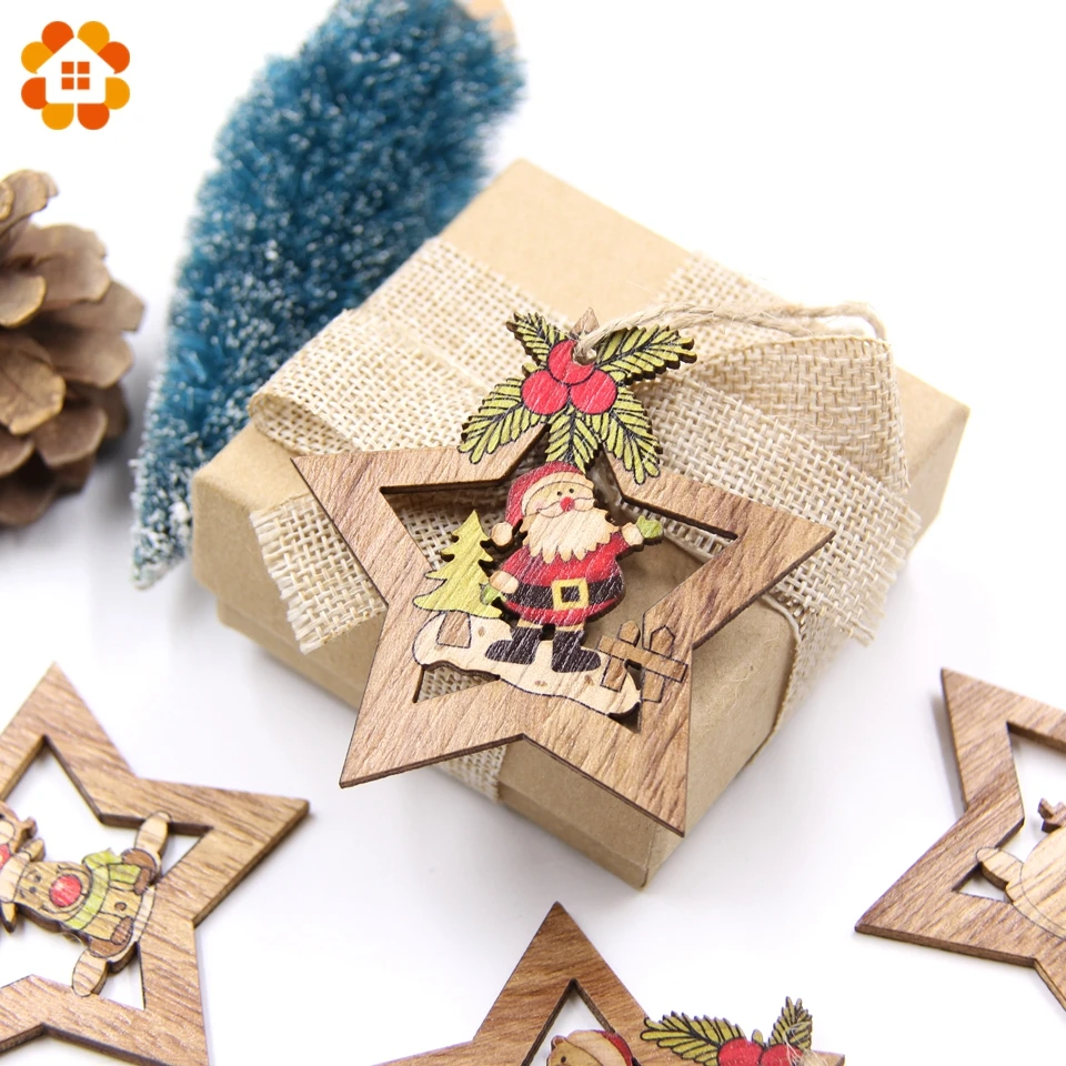 Christmas Decorations 4PCS Christmas Star Wooden Pendants Ornaments Xmas Tree Ornament DIY Wood Crafts For Home Christmas Party