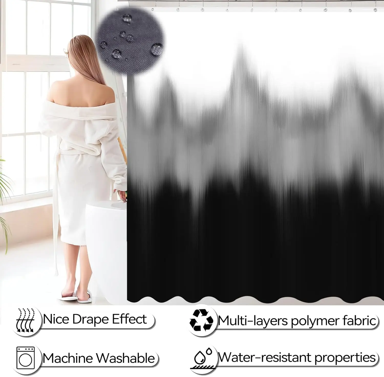 Black Bathroom Set. Shower Curtain & Rug. Ombre Waterproof Curtain. Ultra Absorbent Rug. Stylish Home Decor.