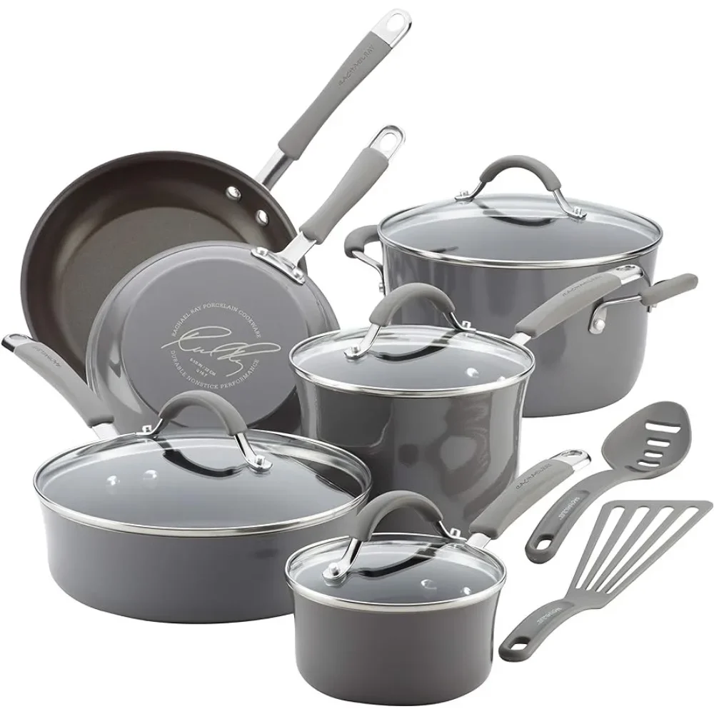 

Sea Salt Gray 16802 Rachael Ray Cucina Nonstick Cookware Pots and Pans Set, cooking pot 12 Piece