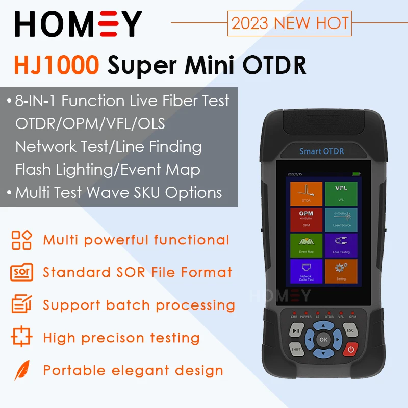 

2023 New Mini OTDR 1310/1550/1610/1625/1650nm 24/22db Active Fiber Reflectometer Live Test VFL OLS OPM IOLA Event Map Ethernet