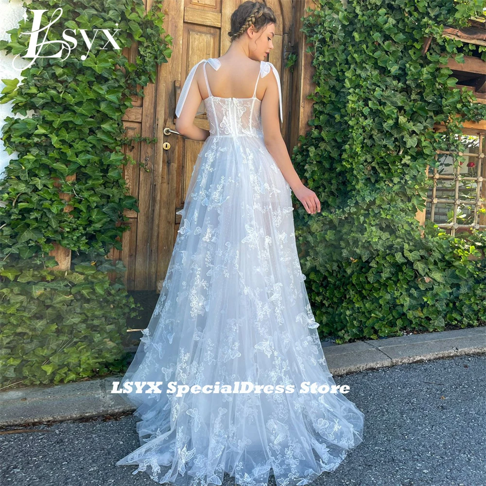 LSYX Butterfly Lace Sweetheart Prom Dress 2024 Bow Straps A-Line High Side Slit Sweep Train Tulle Evening Dress Robes De Soirée