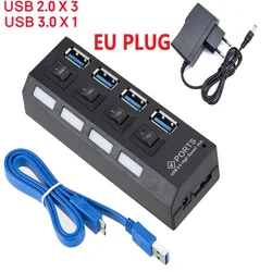 High - Speed USB 3.0 Hub with 4 or 7 Ports and External Power Adapter (4 Port HUB - EU Plug)