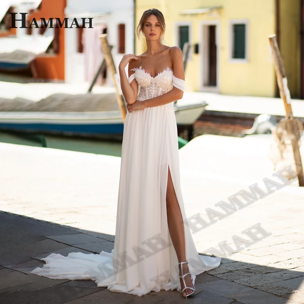 

HAMMAH Attractive A Line Wedding Dresses Off The Shoulder Sweetheart Appliques Lace Chiffon Slit Vestido De Novia Made To Order