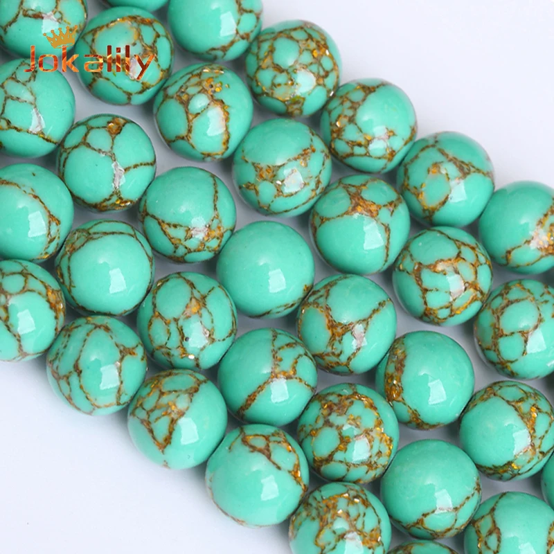 

Natural Stone Green Gold Line Turquoises Beads Golds Thread Pine Stone Round Beads For Jewelry Making DIY Bracelets 4 -12mm 15"