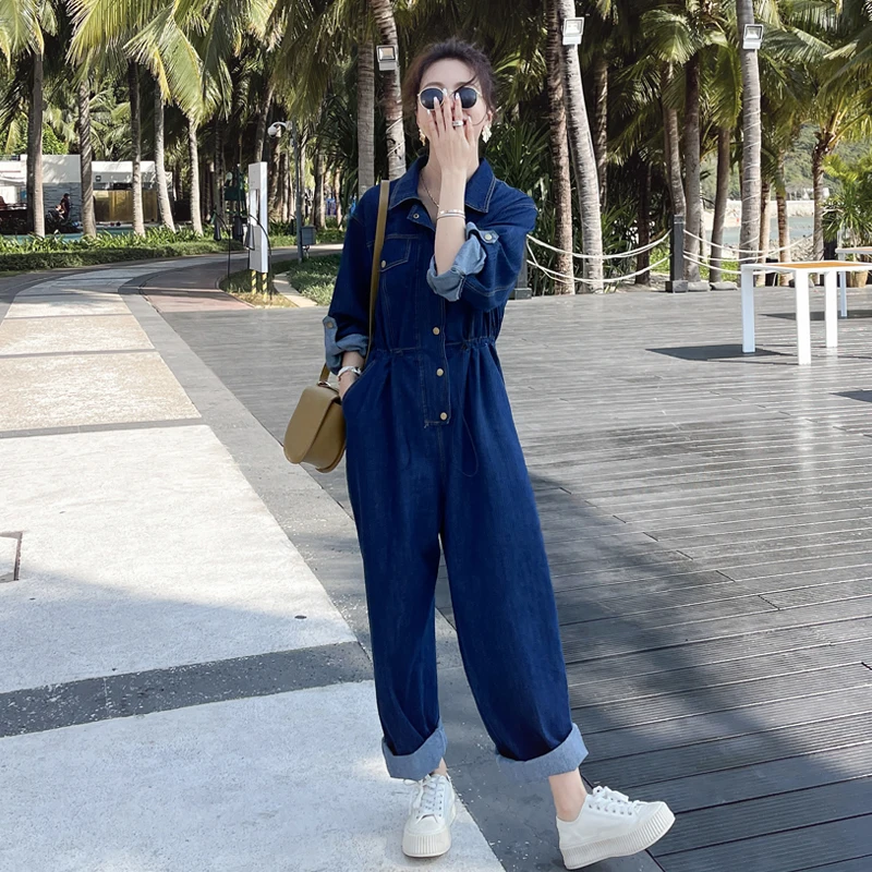 

Vintage Denim Jumpsuit for Women Long Sleeve Drawstring Waist Loose Streetwear HipHop One Piece Jeans Sets Rompers Overalls 2207