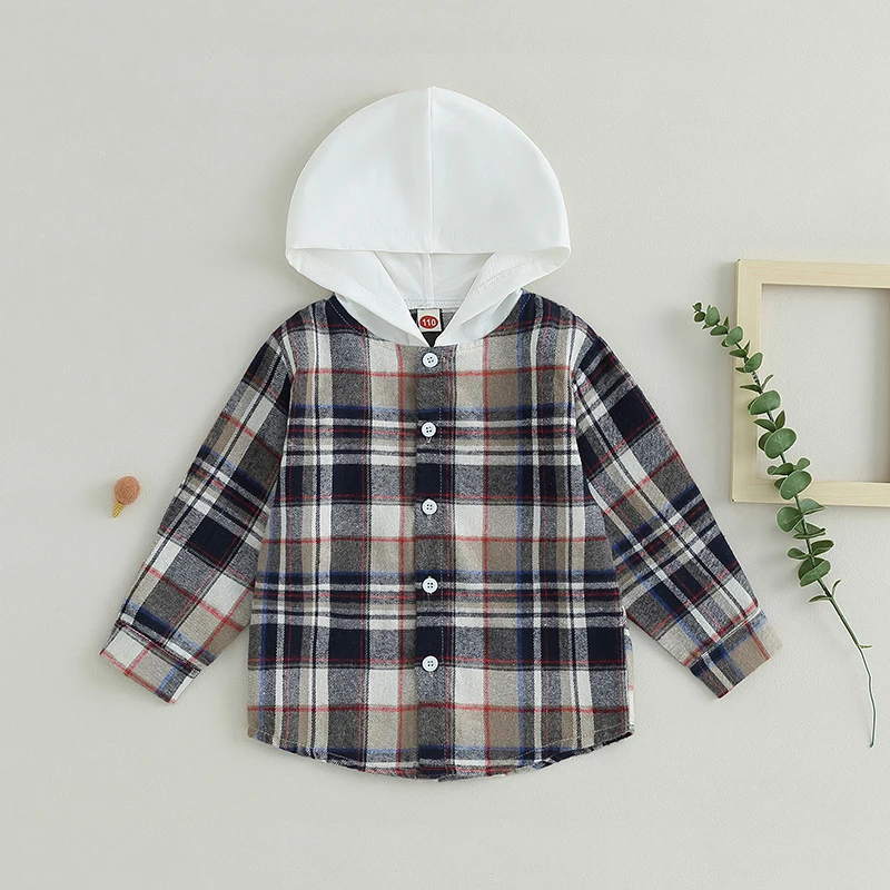 

3-8Y Toddler Kids Boys Hoodies Shirts Plaid Long Sleeve Hooded Buttons Toddler Clothes Fall Winter Casual Baby Tops