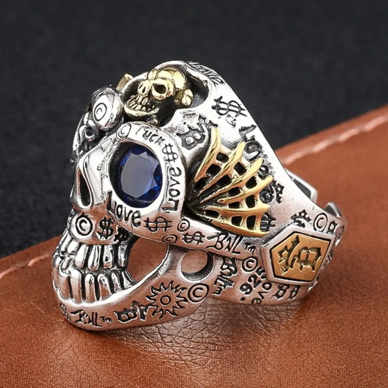 BOCAI Real S925 pure Silver red flower skull pure silver ring for