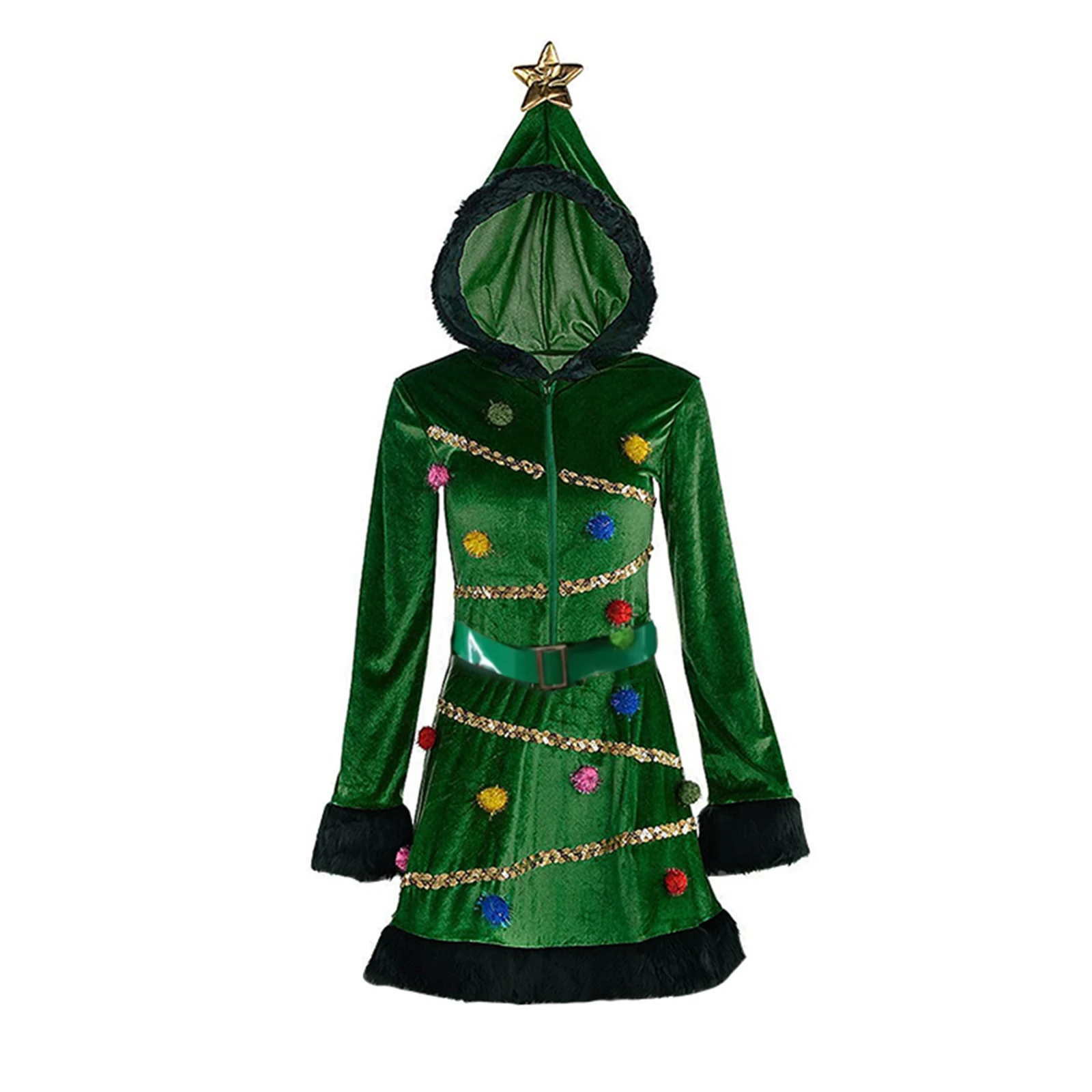 Women Christmas Tree Dress Costume Hooded Sequin Fancy Costume with Belt Xmas Outfits