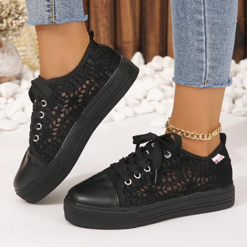 

Women Shoes 2023 New Fashion Summer Casual White Shoes Cutouts Lace Canvas Hollow Breathable Platform Flat Shoes Woman Sneakers