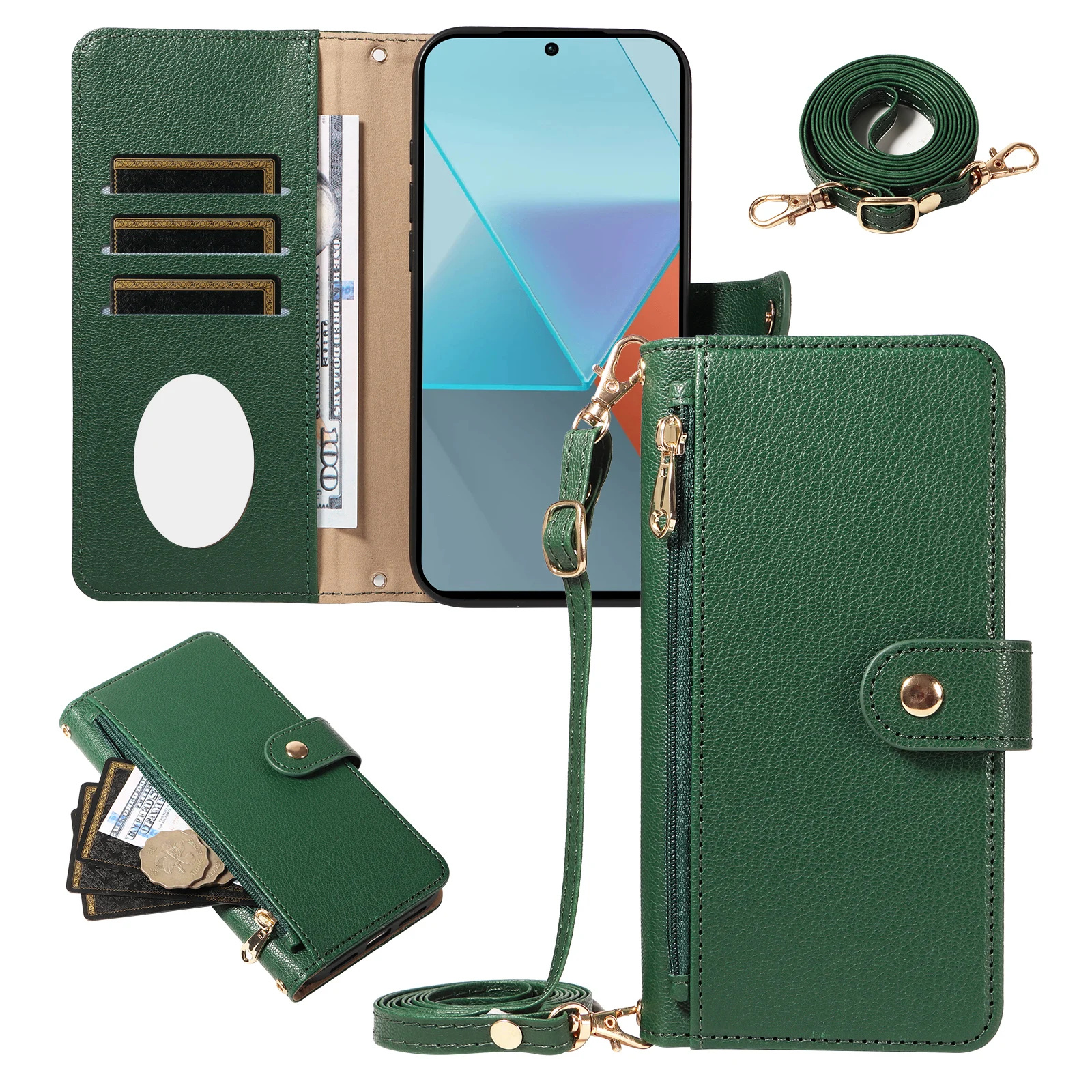 Women's Faux Leather Crossbody Protective Case with Coin Purse, Multi-Card Slots, Mirror, and Makeup Holder