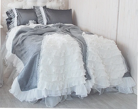 

Pure Cotton Silk Solid Grey White Lace Wedding Ruffle Duvet Cover Bedskirt Luxury Bedding Sets Twin King Queen Comforter Cover