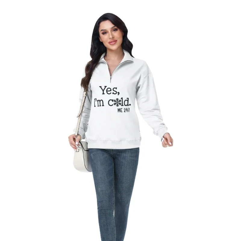 Women Yes Cold 24:7 Flower Printed Sweatshirt Casual 1/4 Half Graphic Letters Loose Long Sleeve Pullover Top 57BD