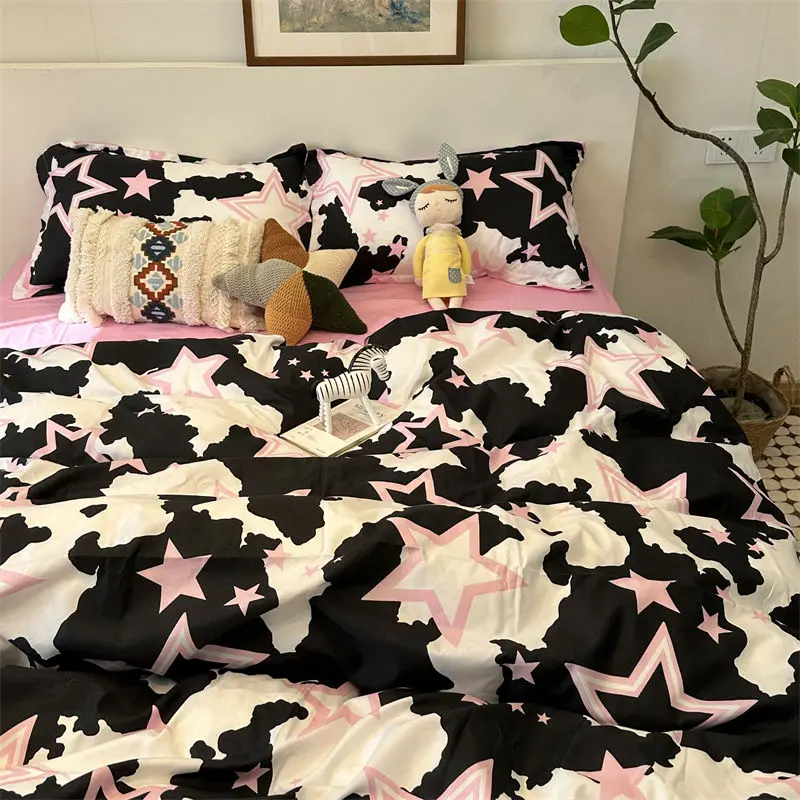 FashionStylePinkBlackBeddingSetSoftFloralDuvetCoverPillowcase