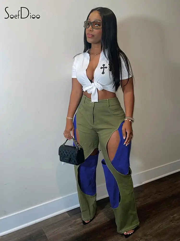 

Soefdioo Fashion Patchwork High Waist Zipper Hollow Out Straight Pants Women 2023 Fall Baddie Streetwear Casual Cargo Trousers