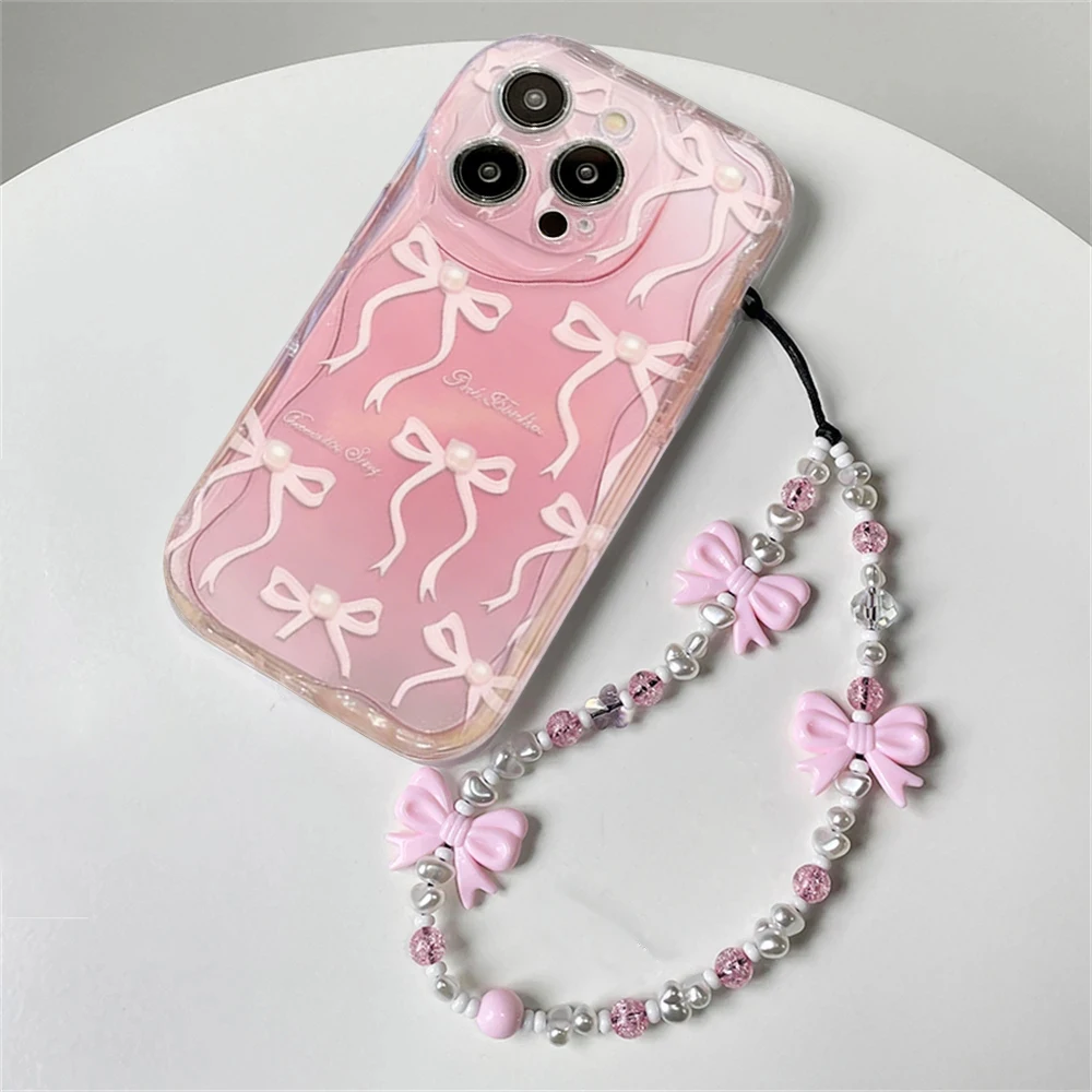 Chic Pink Bow Love Chain Strap 3D Wave Silicone Case Cover