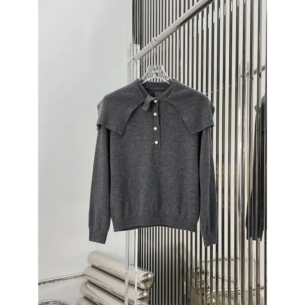

2023 Autumn Women's Elegant Niche Design Grey Scarf Collar Cashmere Knit Pullover Long Sleeve Top Fashion Designer Brand